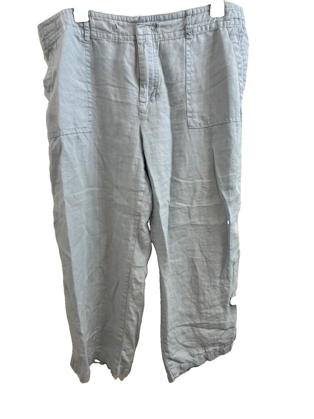 Liz Claiborne Women’s Sz 14 Light Blue Solid Linen Capri Pants Pockets Flat